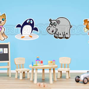 Conjunto de 4 animales formados por: perro, gata, pingüino y hipopótamo.