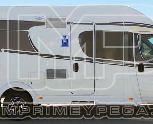 Imagen de autocaravana con la pegatina de HOTEL COMPLETO pegado en el lateral a lado de la puerta.