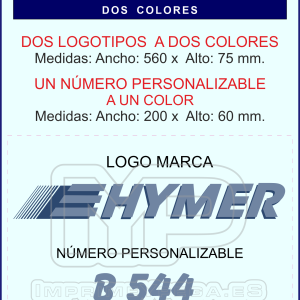 Kit de pegatinas para autocaravanas HYMER formado por el logo de la marca a dos colores y el número del modelo a un color, todo en vinilo de corte.