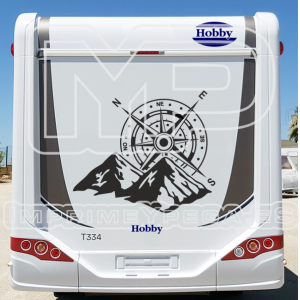 Vinilo pegado en la trasera de una Autocaravana Logo de Hobby y texto Hobby en color Azul.