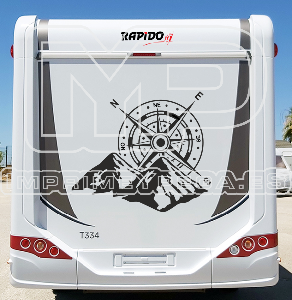 Vinilos en vinilo de corte rojo y negro de marca RAPIDO. Trasera autocaravana