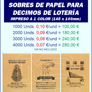 Sobres de Papel para Decimos de Lotería.