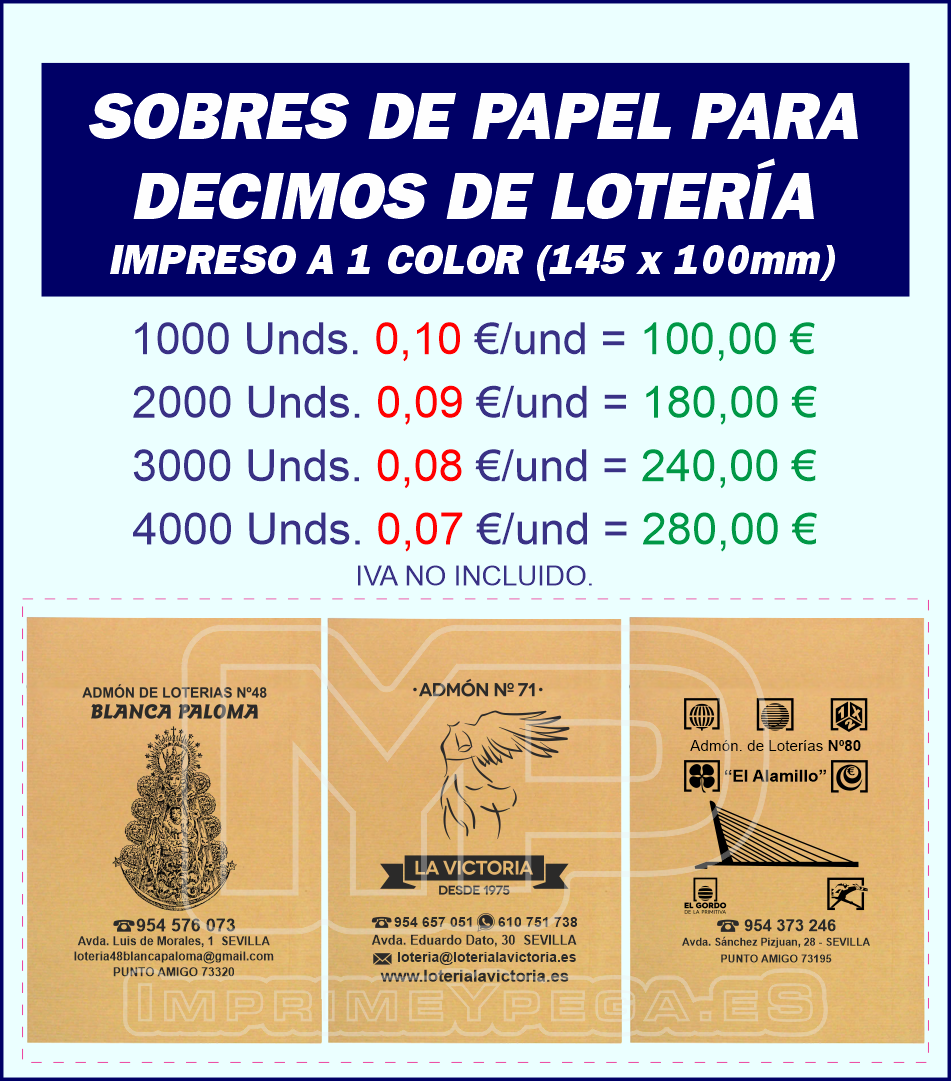Sobres de Papel para Decimos de Lotería.